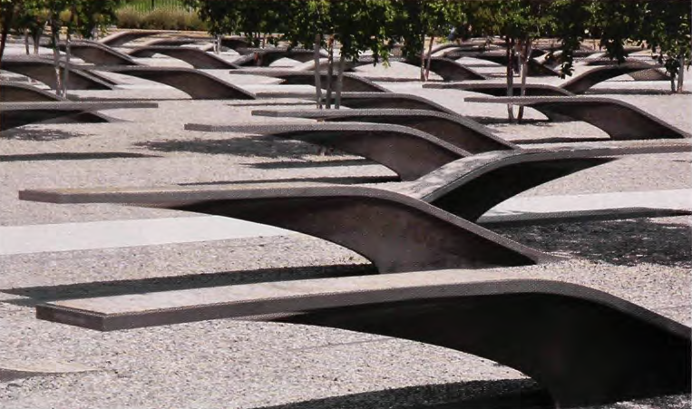 The cantilevered benches of the Pentagon Memorial, one for each of the 184 people killed there.